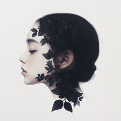 Wall Mural - profile portrait of a woman with leaves and flowers