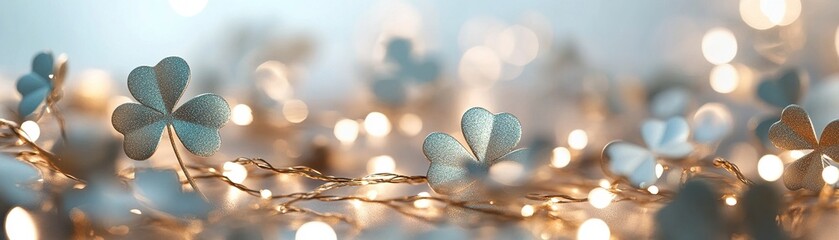 Poster - Shimmering shamrocks softly blur in the background while golden light flares enhance a festive atmosphere. The clear center invites personalized text for celebratory messages