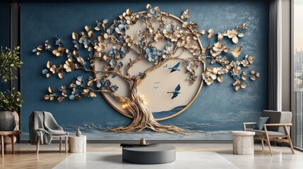 Wall Mural - Golden tree mural, modern living room, birds, city view, interior design