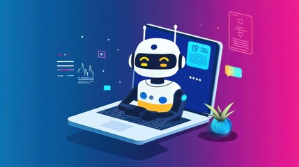 Fototapete - A computer graphic with a robot appearing in the middle of the screen represents the concept of technology.