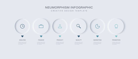 Poster - 6 circular elements placed in horizontal row. Concept of 3 steps to startup project launch. Neumorphic infographic design template.