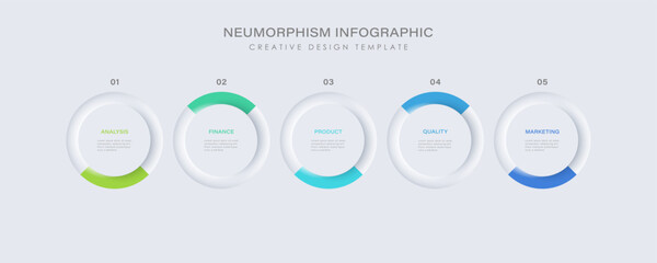 Poster - neumorphic infographic design template with 5 circular elements placed in horizontal row.