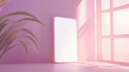 Poster - modern phone with a blank white screen on a pastel background, illuminated by gentle natural sunligh