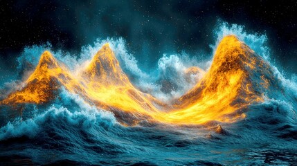 Wall Mural - fiery waves crashing against lava mountains under a starlit sky: a surreal digital painting