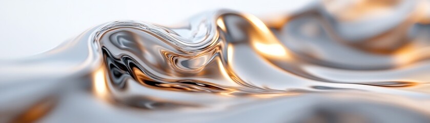 Poster - Molten silver and gold form flowing waves that gently shift in mid-air, reflecting ethereal light and creating an enchanting visual effect that seems to ripple endlessly