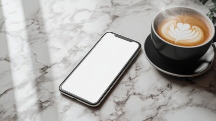 Poster - Smartphone mockup with a white screen on a marble kitchen counter, next to a steaming cup of coffee.