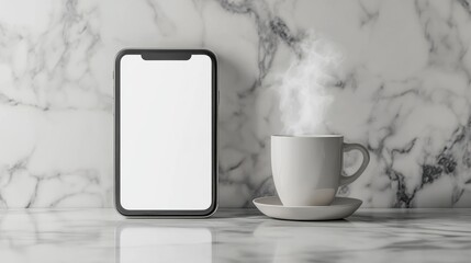 Poster - Smartphone mockup with a white screen on a marble kitchen counter, next to a steaming cup of coffee.