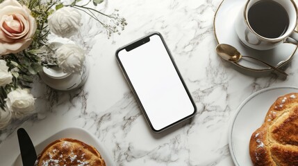 Poster - Smartphone mockup with a white screen on a marble counter, surrounded by morning breakfast essentials