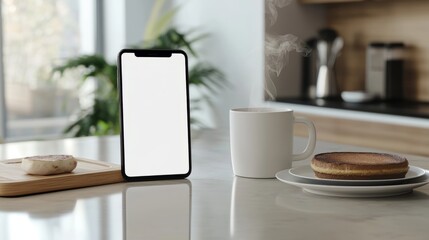 Poster - Smartphone with a blank screen next to a steaming coffee mug and a breakfast plate on a kitchen island