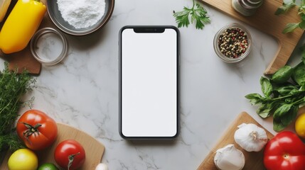Poster - Smartphone with a blank white screen placed on a clean kitchen countertop, surrounded by cooking ingredients
