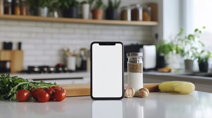 Poster - Smartphone with a blank white screen placed on a clean kitchen countertop, surrounded by cooking ingredients
