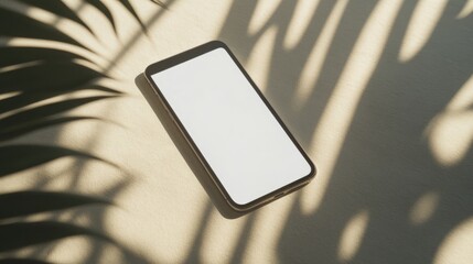 Poster - Smartphone with blank white screen on a clean, light background, soft sunlight casting gentle shadows.