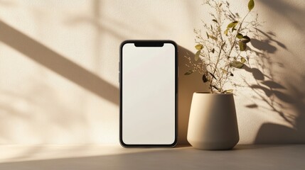 Fototapete - Stylish phone with blank white screen on a minimalist table, soft sunlight illuminating the clean space.