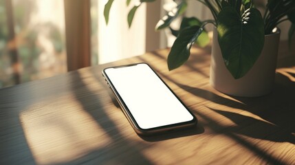 Fototapete - Stylish phone with blank white screen on a minimalist table, soft sunlight illuminating the clean space.