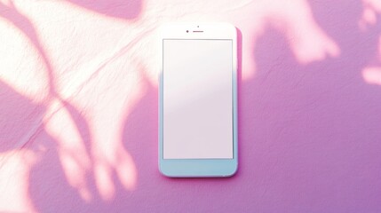 Poster - Top view of a smartphone with blank white screen on a bright, simple background with soft sunlight.