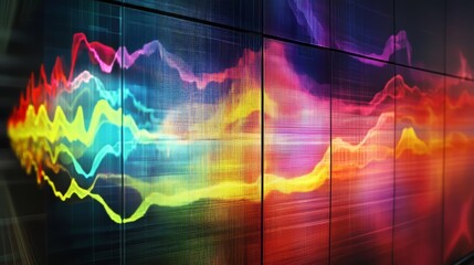 Colorful sound wave visualization displayed on a wall creating a vibrant atmosphere in a modern art space