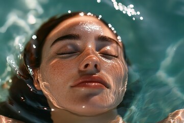 Wall Mural - In crystal-clear tropical waters, a woman floats effortlessly, eyes closed, surrounded by soft ripples and illuminated by glowing sunlight, creating a serene atmosphere