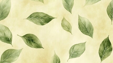 Wall Mural - Green leaves scattered on a soft beige background, evoking a tranquil and natural ambiance in a creative design