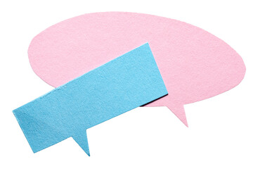 Poster - Pink blue blank cut out cardboard paper speech bubbles with rough edges and copy space for text on transparent png background design element