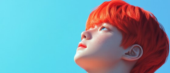 person with bright orange hair looking up at the sky