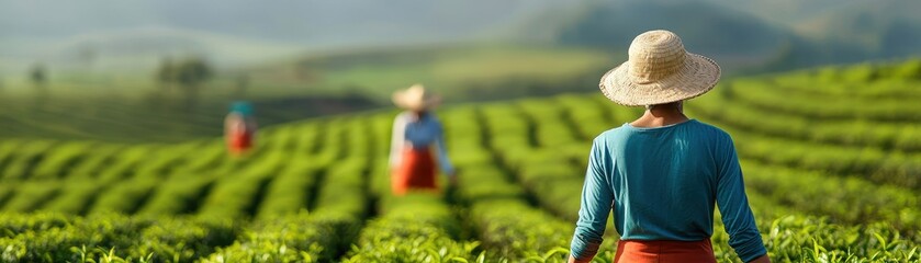 Wall Mural - A serene landscape depicting workers harvesting crops in lush green fields under a clear sky, showcasing the beauty of agriculture and nature.