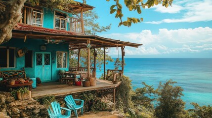 Wall Mural - Oceanfront turquoise bungalow, cliffside paradise, tropical vacation rental