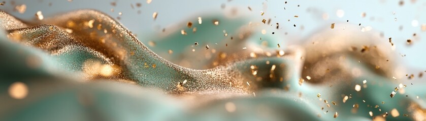 Poster - An abstract splash of green and gold confetti swirls, enhanced by glowing dust specks. A soft vignette effect keeps the center clear, perfect for adding text or promotional content