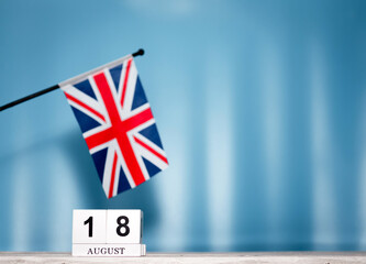 Wall Mural - Calendar August With British Flag With Number 18. Calendar cubes with numbers. Space copy.