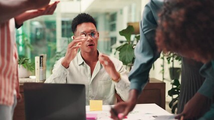 Poster - Creative team, manager and business man planning, ideas and delegation on laptop. Group, leader and discussion for collaboration, strategy or brand consultant working on campaign project in startup