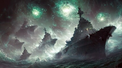 Wall Mural - ghost fleet: a surreal cosmic battleship in a green nebula