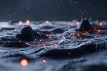 Poster - An elegant cosmic digital landscape showcases glowing interconnected dots that form constellations, conveying a high-tech, futuristic networking atmosphere in a surreal setting