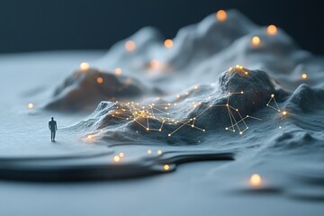 Poster - a figure stands amidst an elegant cosmic digital landscape filled with glowing interconnected dots t