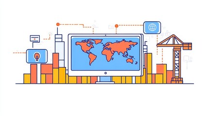 Poster - AI-Driven Automation in Global Trade, showcasing seamless logistics, efficient customs processing, and enhanced decision-making in a minimalist, vector line art style