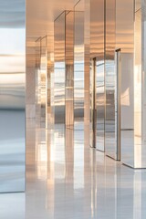 Poster - An endless corridor features mirrored metallic panels that softly distort reflections of unseen shapes, creating a surreal and mysterious environment filled with infinite possibilities