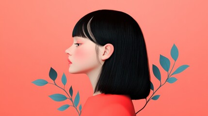 Wall Mural - beautiful portrait of a girl with black bob haircut and coral background