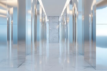 Poster - A corridor stretches endlessly, lined with sleek mirrored metallic panels. The reflections twist and distort, suggesting hidden shapes and evoking a sense of mystery and infinite possibilities