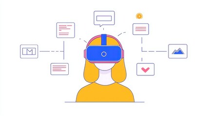 Poster - Innovative Digital Collaboration Platforms, integrating immersive AR and VR experiences, featuring minimalistic design, ample copy-space, and clean vector line art.