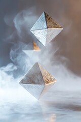 Wall Mural - Soft-focus mist envelops polished metal cubes and pyramids as they levitate effortlessly, casting reflections onto an invisible ground and enhancing the tranquil ambiance of the scene