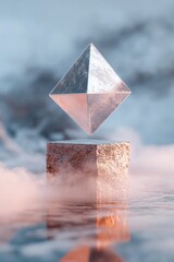 Poster - Soft-focus mist envelops polished metal cubes and pyramids, which levitate gracefully above a hidden surface, radiating balance and surreal symmetry while casting soft reflections