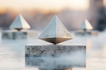 Poster - Polished metal cubes and pyramids float in gentle mist, reflecting light and creating a dreamlike ambiance that encourages contemplation and balance