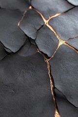 Poster - Thin, luminous metallic veins weave through a soft, matte black background, evoking the appearance of mercury seeping through fractures in a surreal landscape, captivating the viewer