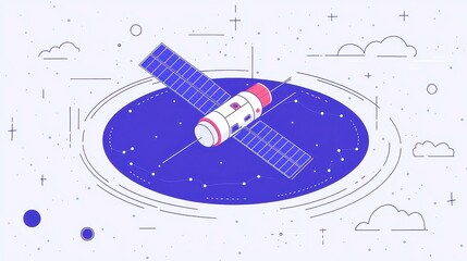 Poster - Satellite Technology Enhancing Remote Work Connectivity, exploring the transformative effects of satellite systems on global communication and collaboration, featuring simple vector line art
