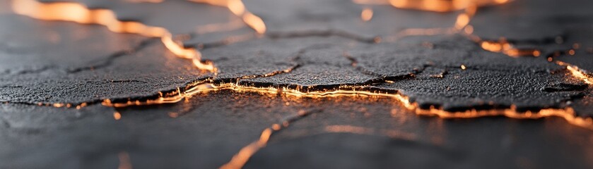 Wall Mural - Thin, glowing metallic veins traverse a soft black surface, mimicking liquid mercury escaping from cracks. The iridescent light adds a surreal quality to the dark backdrop