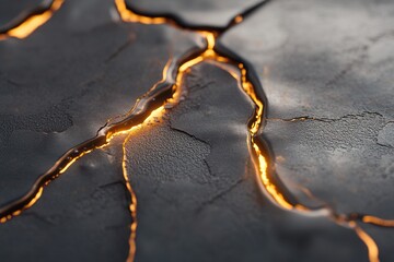 Poster - Thin, glowing metallic veins crawl across a soft, matte black background, reminiscent of liquid mercury penetrating cracks that appear like fractures in reality itself, creating a surreal atmosphere