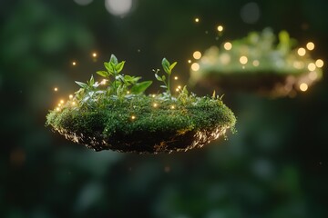 Poster - Floating islands covered in vibrant green medicinal plants hover gently in the air, surrounded by a mystical mist and filtered golden light, creating an enchanting atmosphere