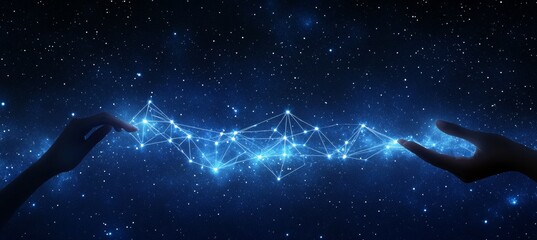 Hands connect to vibrant network connection with dots and line, technology concept photo