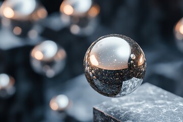 Poster - Metallic spheres and geometric shapes float effortlessly in a boundless black void, reflecting faint glimmers of light as they hover in an otherworldly, anti-gravity environment