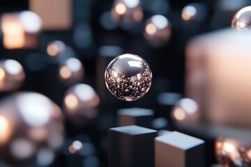 Poster - Weightless metallic spheres and geometric shapes are suspended in an infinite black void, casting soft reflections resembling an anti-gravity environment