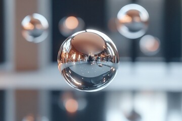 Poster - Metallic spheres and geometric shapes float effortlessly in a black void, reflecting faint light while suspended in what appears to be an anti-gravity environment