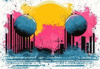 Poster - A vibrant digital art piece featuring abstract shapes and colors, with a bright sun and layered elements, perfect for creative projects and designs. Copy space for text